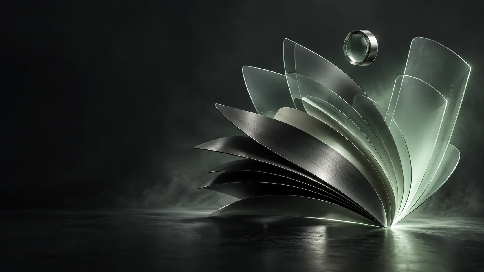 Layered translucent pages flowing from a mint origin, a conceptual illustration of publishing and archives.